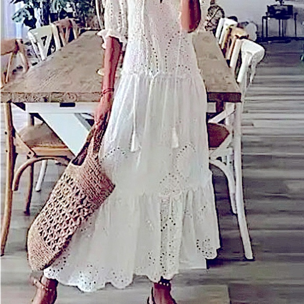 NWOT V-Neck Tassels Crochet Hem Short Sleeve Maxi 3 Tier Layered Wedding Guest